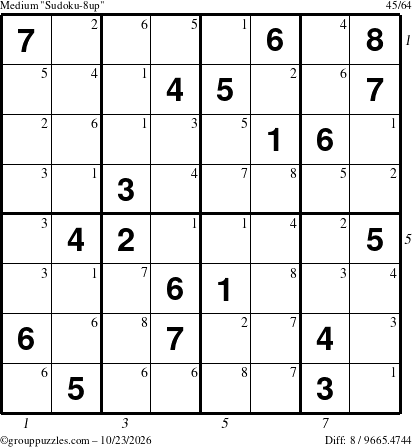 The grouppuzzles.com Medium Sudoku-8up puzzle for Friday October 23, 2026, suitable for printing, with all 8 steps marked