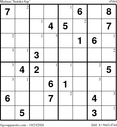 The grouppuzzles.com Medium Sudoku-8up puzzle for Friday October 23, 2026 with the first 3 steps marked