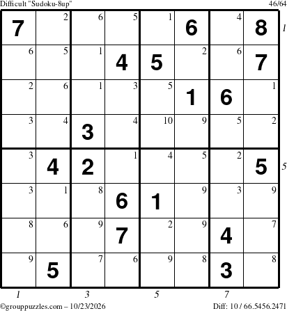 The grouppuzzles.com Difficult Sudoku-8up puzzle for Friday October 23, 2026 with all 10 steps marked