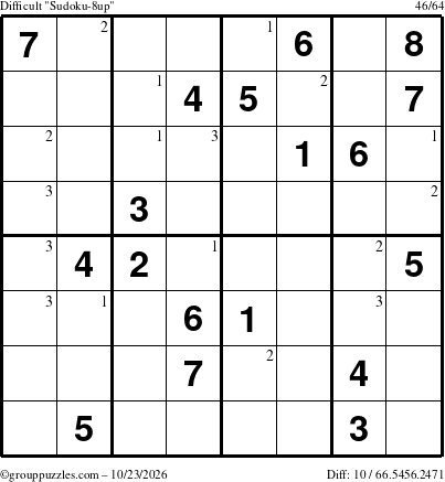 The grouppuzzles.com Difficult Sudoku-8up puzzle for Friday October 23, 2026 with the first 3 steps marked