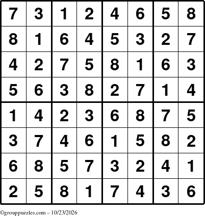 The grouppuzzles.com Answer grid for the Sudoku-8up puzzle for Friday October 23, 2026