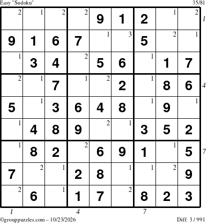 The grouppuzzles.com Easy Sudoku puzzle for Friday October 23, 2026, suitable for printing, with all 3 steps marked