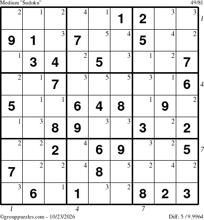 The grouppuzzles.com Medium Sudoku puzzle for Friday October 23, 2026, suitable for printing, with all 5 steps marked