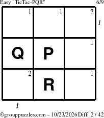 The grouppuzzles.com Easy TicTac-PQR puzzle for Friday October 23, 2026 with all 2 steps marked