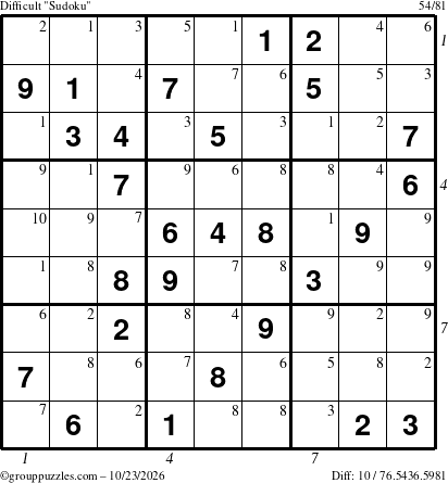 The grouppuzzles.com Difficult Sudoku puzzle for Friday October 23, 2026, suitable for printing, with all 10 steps marked