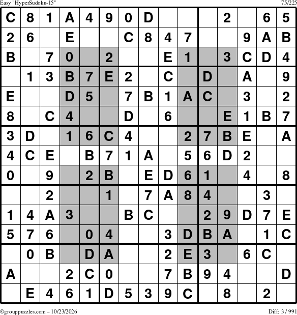 The grouppuzzles.com Easy HyperSudoku-15 puzzle for Friday October 23, 2026