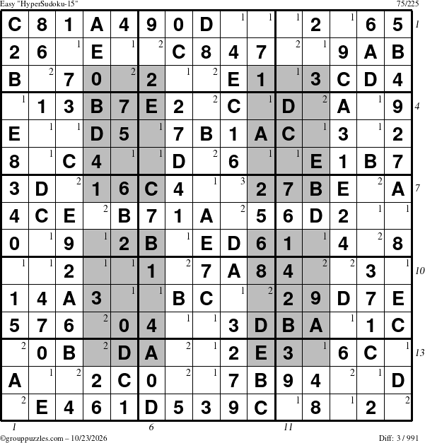 The grouppuzzles.com Easy HyperSudoku-15 puzzle for Friday October 23, 2026 with all 3 steps marked