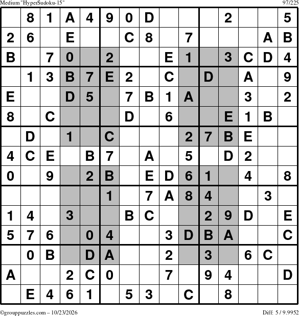 The grouppuzzles.com Medium HyperSudoku-15 puzzle for Friday October 23, 2026