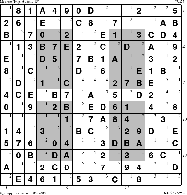 The grouppuzzles.com Medium HyperSudoku-15 puzzle for Friday October 23, 2026 with all 5 steps marked