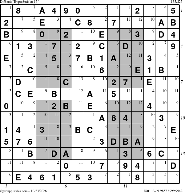 The grouppuzzles.com Difficult HyperSudoku-15 puzzle for Friday October 23, 2026 with all 13 steps marked