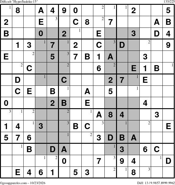 The grouppuzzles.com Difficult HyperSudoku-15 puzzle for Friday October 23, 2026 with the first 3 steps marked
