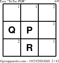 The grouppuzzles.com Easy TicTac-PQR puzzle for Friday October 23, 2026 with the first 2 steps marked