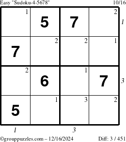 The grouppuzzles.com Easy Sudoku-4-5678 puzzle for Monday December 16, 2024 with all 3 steps marked