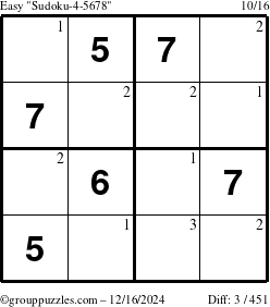 The grouppuzzles.com Easy Sudoku-4-5678 puzzle for Monday December 16, 2024 with the first 3 steps marked