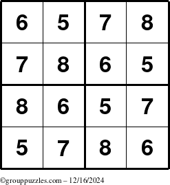 The grouppuzzles.com Answer grid for the Sudoku-4-5678 puzzle for Monday December 16, 2024