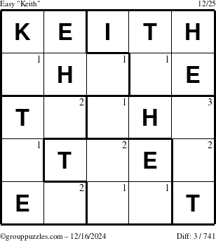 The grouppuzzles.com Easy Keith puzzle for Monday December 16, 2024 with the first 3 steps marked