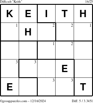 The grouppuzzles.com Difficult Keith puzzle for Monday December 16, 2024 with the first 3 steps marked