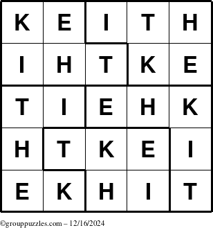 The grouppuzzles.com Answer grid for the Keith puzzle for Monday December 16, 2024