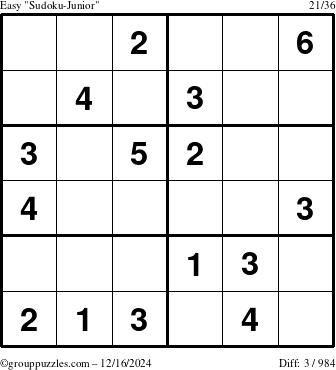 The grouppuzzles.com Easy Sudoku-Junior puzzle for Monday December 16, 2024