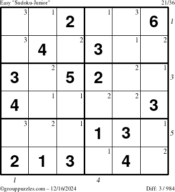 The grouppuzzles.com Easy Sudoku-Junior puzzle for Monday December 16, 2024 with all 3 steps marked