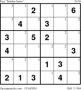 The grouppuzzles.com Easy Sudoku-Junior puzzle for Monday December 16, 2024 with the first 3 steps marked