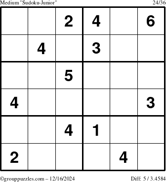 The grouppuzzles.com Medium Sudoku-Junior puzzle for Monday December 16, 2024