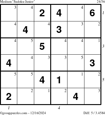 The grouppuzzles.com Medium Sudoku-Junior puzzle for Monday December 16, 2024 with all 5 steps marked