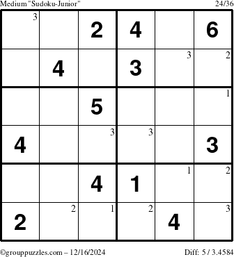 The grouppuzzles.com Medium Sudoku-Junior puzzle for Monday December 16, 2024 with the first 3 steps marked