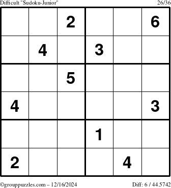 The grouppuzzles.com Difficult Sudoku-Junior puzzle for Monday December 16, 2024