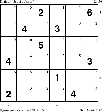 The grouppuzzles.com Difficult Sudoku-Junior puzzle for Monday December 16, 2024 with all 6 steps marked