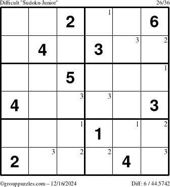 The grouppuzzles.com Difficult Sudoku-Junior puzzle for Monday December 16, 2024 with the first 3 steps marked