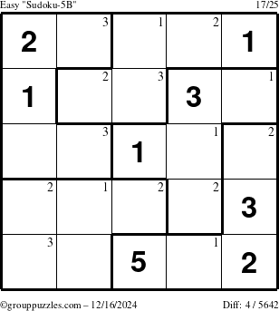 The grouppuzzles.com Easy Sudoku-5B puzzle for Monday December 16, 2024 with the first 3 steps marked