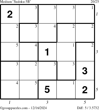 The grouppuzzles.com Medium Sudoku-5B puzzle for Monday December 16, 2024 with all 5 steps marked