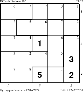 The grouppuzzles.com Difficult Sudoku-5B puzzle for Monday December 16, 2024 with all 8 steps marked