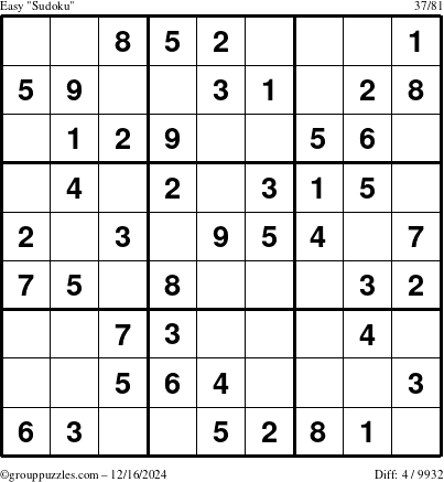 The grouppuzzles.com Easy Sudoku puzzle for Monday December 16, 2024