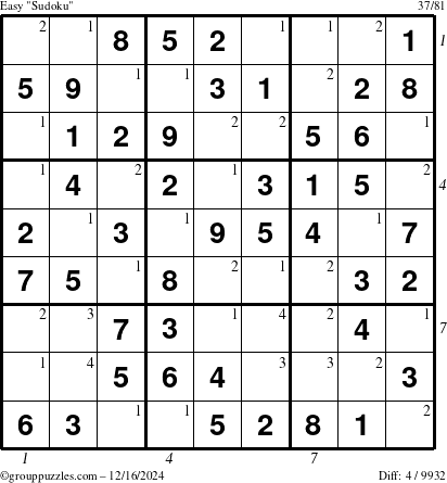 The grouppuzzles.com Easy Sudoku puzzle for Monday December 16, 2024 with all 4 steps marked