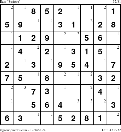 The grouppuzzles.com Easy Sudoku puzzle for Monday December 16, 2024 with the first 3 steps marked