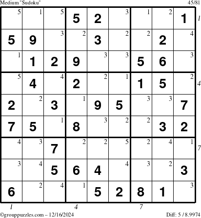 The grouppuzzles.com Medium Sudoku puzzle for Monday December 16, 2024, suitable for printing, with all 5 steps marked