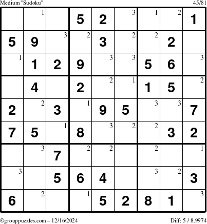 The grouppuzzles.com Medium Sudoku puzzle for Monday December 16, 2024 with the first 3 steps marked