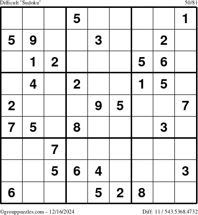 The grouppuzzles.com Difficult Sudoku puzzle for Monday December 16, 2024