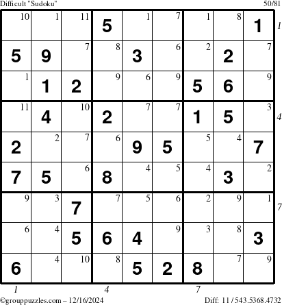 The grouppuzzles.com Difficult Sudoku puzzle for Monday December 16, 2024 with all 11 steps marked