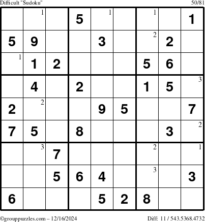 The grouppuzzles.com Difficult Sudoku puzzle for Monday December 16, 2024 with the first 3 steps marked