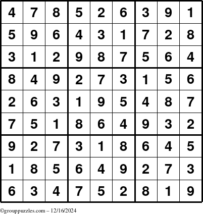 The grouppuzzles.com Answer grid for the Sudoku puzzle for Monday December 16, 2024