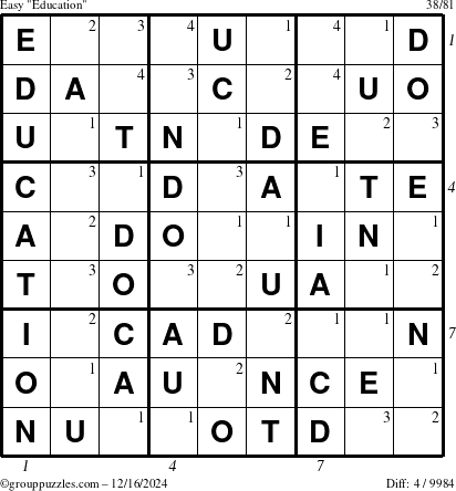 The grouppuzzles.com Easy Education-c1 puzzle for Monday December 16, 2024 with all 4 steps marked