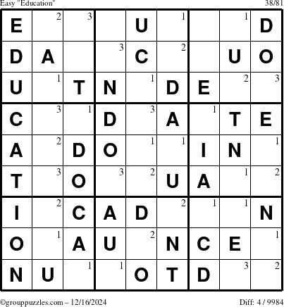 The grouppuzzles.com Easy Education-c1 puzzle for Monday December 16, 2024 with the first 3 steps marked