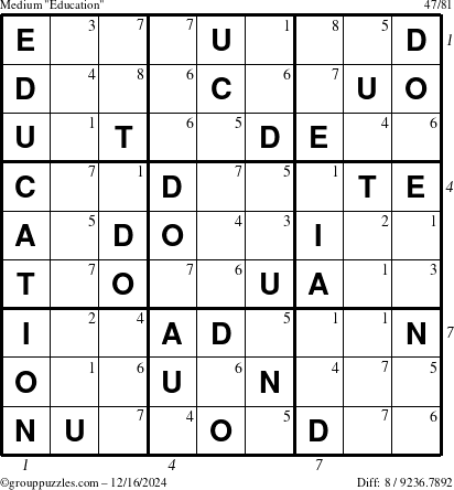 The grouppuzzles.com Medium Education-c1 puzzle for Monday December 16, 2024, suitable for printing, with all 8 steps marked