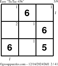 The grouppuzzles.com Easy TicTac-456 puzzle for Monday December 16, 2024, suitable for printing, with all 2 steps marked