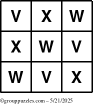 The grouppuzzles.com Answer grid for the TicTac-VWX puzzle for Wednesday May 21, 2025