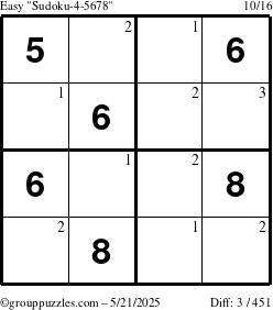 The grouppuzzles.com Easy Sudoku-4-5678 puzzle for Wednesday May 21, 2025 with the first 3 steps marked