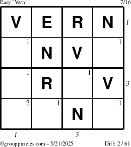 The grouppuzzles.com Easy Vern puzzle for Wednesday May 21, 2025 with all 2 steps marked